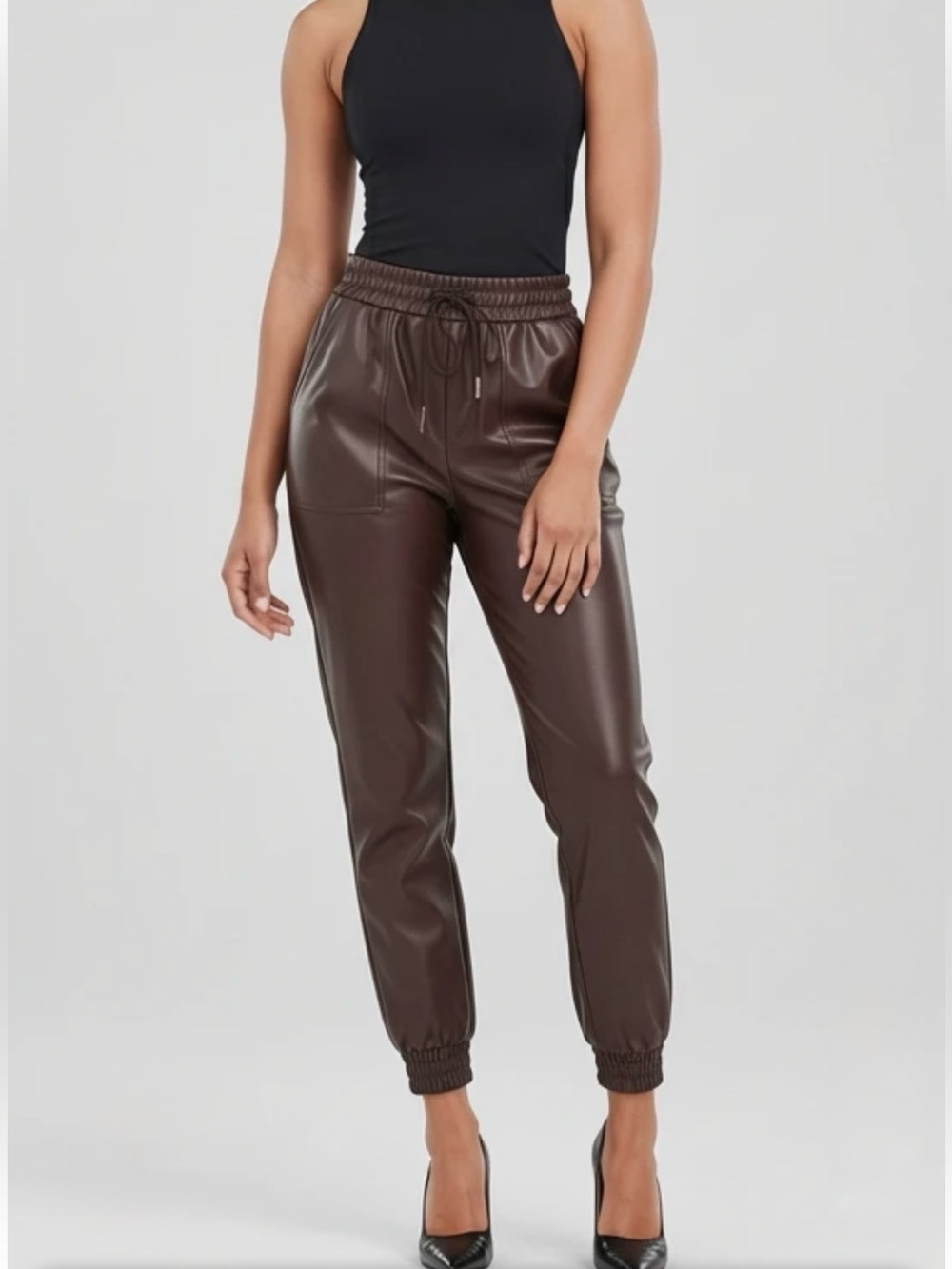 mittoshop Brown Faux Leather Jogger Pants